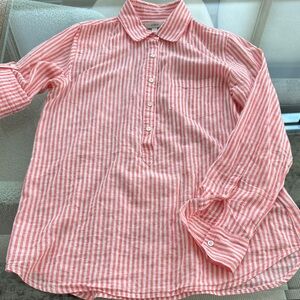 J. Crew Coral and White Striped Button-Front Pullover Shirt